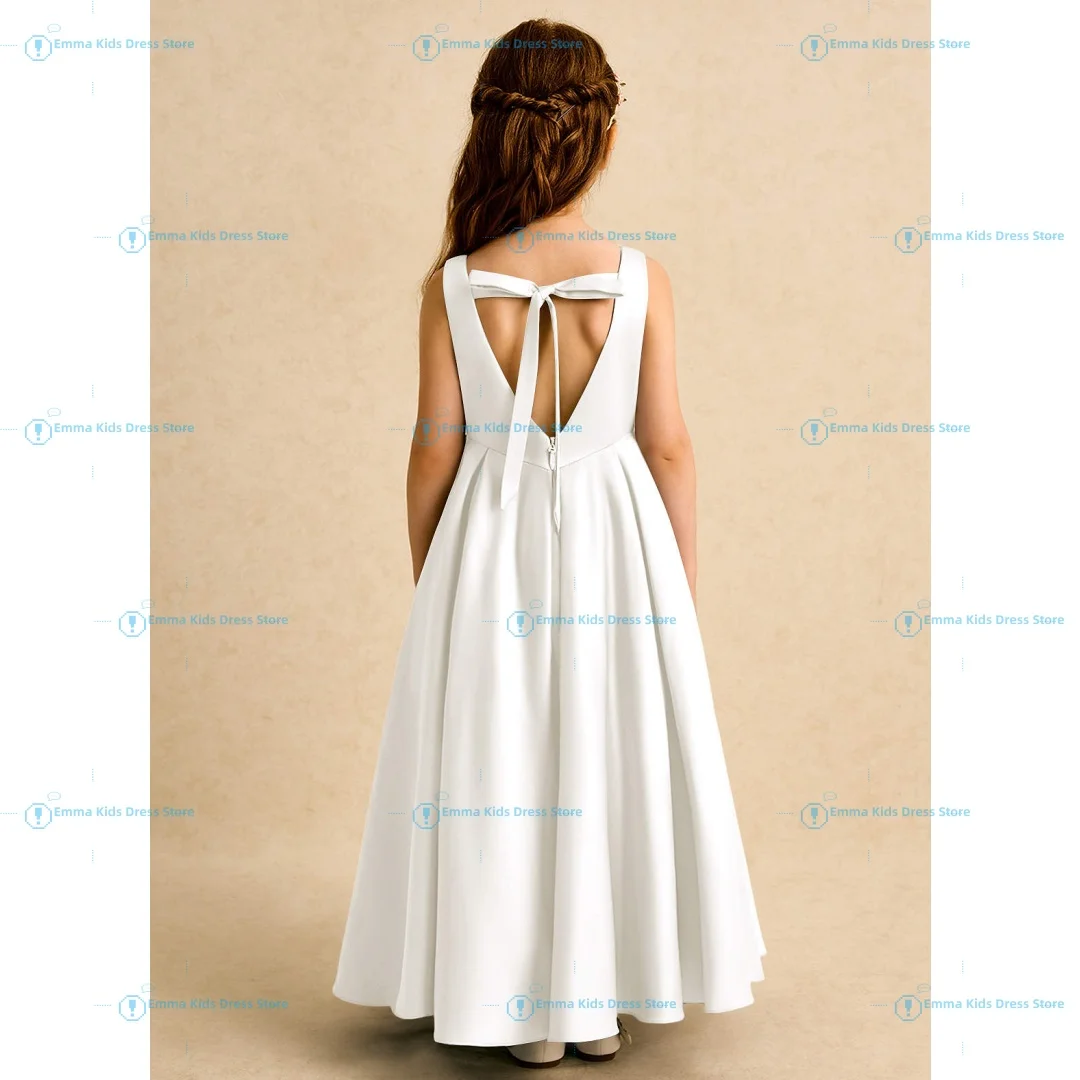 custom-simple-flower-girl-dress-satin-bow-children's-bridesmaid-dress-pageant-wedding-first-girl-a-line-communion-dress