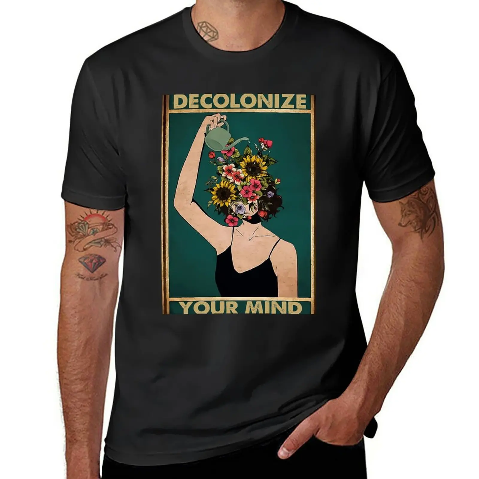 

New Decolonize your mind flower head T-Shirt anime korean fashion t shirts men