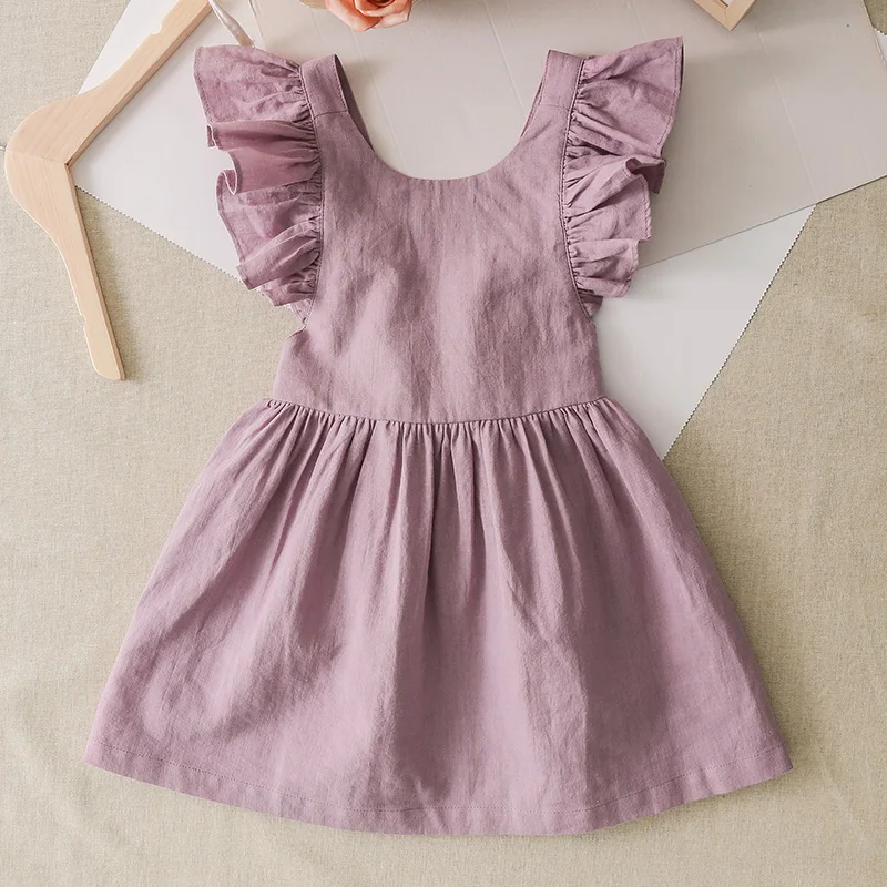 

Purple Children Summer Cotton Linen Flying Sleeves Princess Dress Girls’ Casual Holiday Cute A-Line Back Cross Skirt