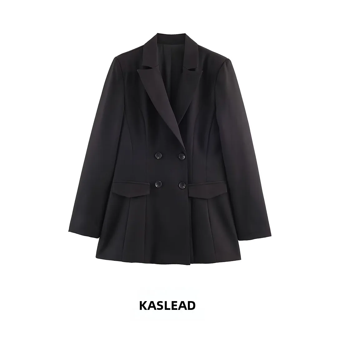 

KASLEAD New Women's Faion Double-Breasted Long Sve Waist-Cinching Suit Jaet Sli Windproof Polyester Fiber Coat