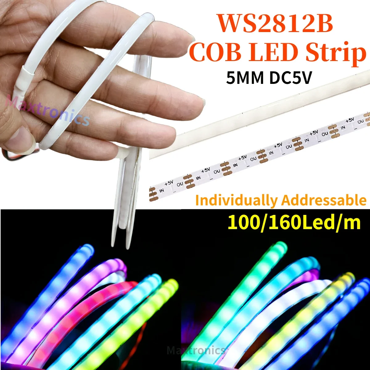 

DC5V 5mm WS2812B COB LED Strip Individually Addressable 100/160Led/m High Density Flexible Smart RGB Dream Color Lamp 5M Tape