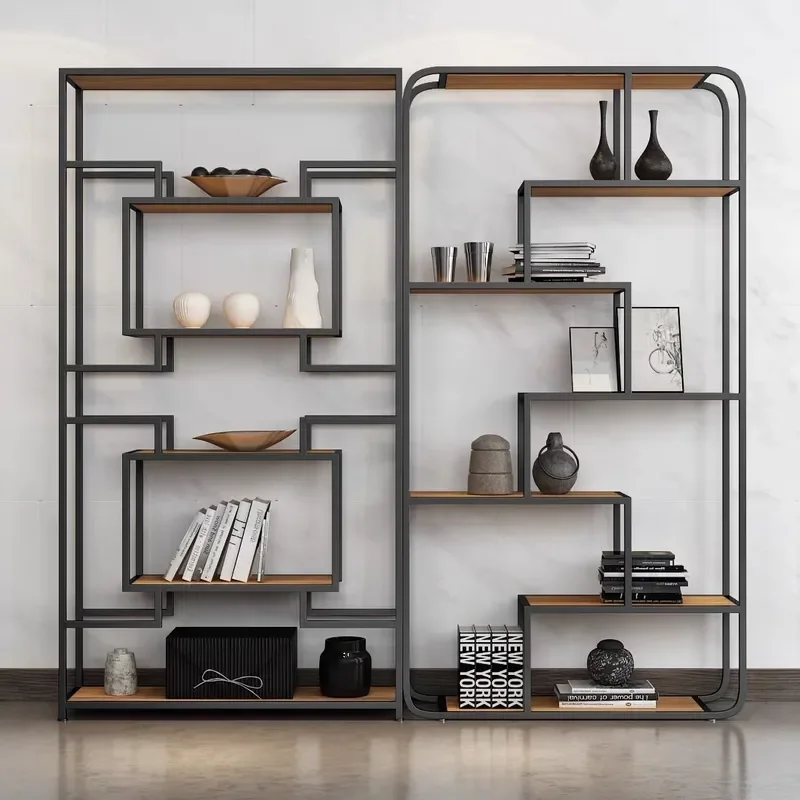 Simple Wrought Iron Partition Display Stand Solid Wood Multi Layer Shelf for Living Room Office Bookshelf Floor Storage Rack