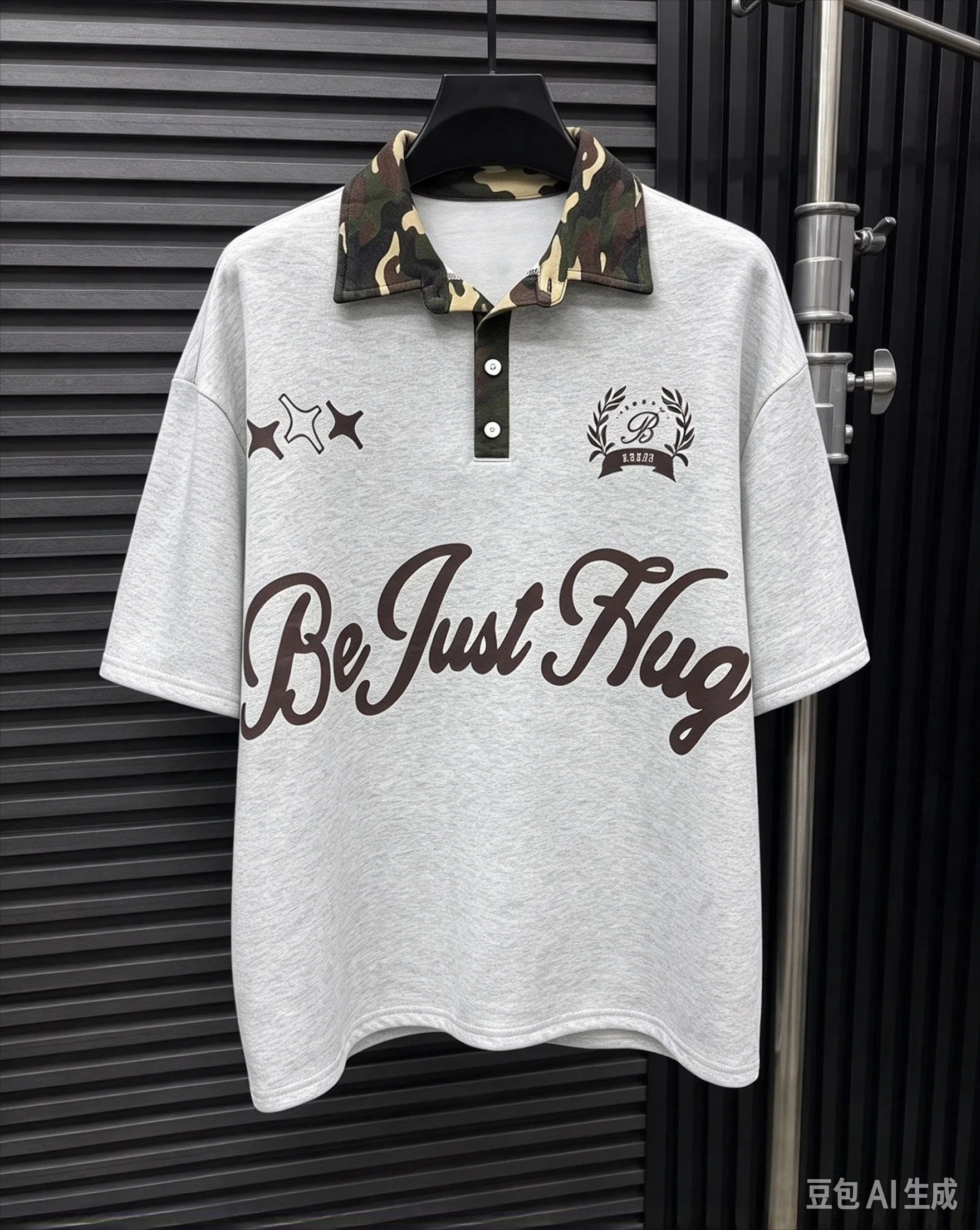American Street Autumn Letter Print Pattern Splicing Camouflage Polo Collar Top Pullover Hoodie