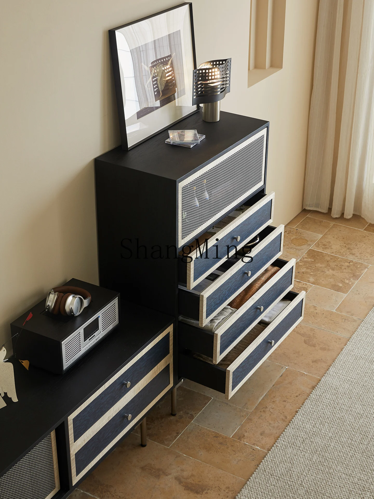 

FG solid wood five-bucket drawer cabinet dopamine bedroom bedside storage simple modern TV stand cabinet