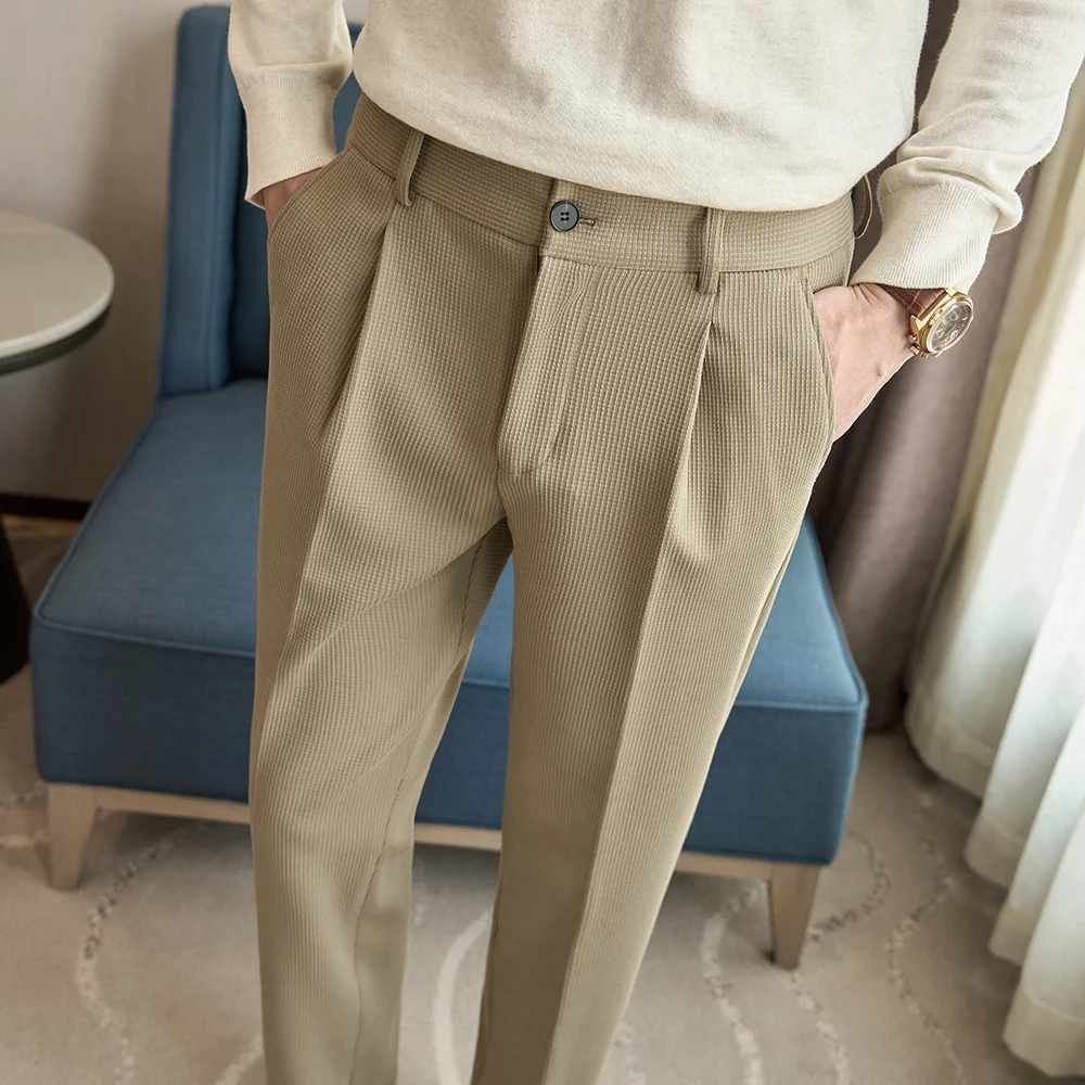 Pantaloni da abito casual da lavoro in lana autunno inverno uomo moda strisce di particelle pantaloni lunghi slim fit uomo nero kaki beige