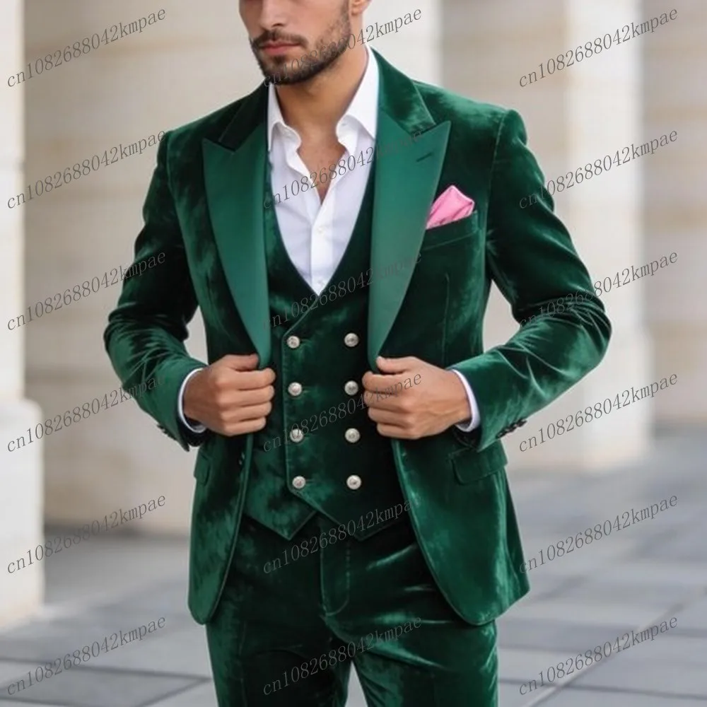 

Новый бархатный зеленый мужской костюм, деловой костюм для жениха, жениха, свадебной вечеринки, выпускного вечера, мужские смокинги, комплект из 3 предметов, пиджак, жилет, брюки