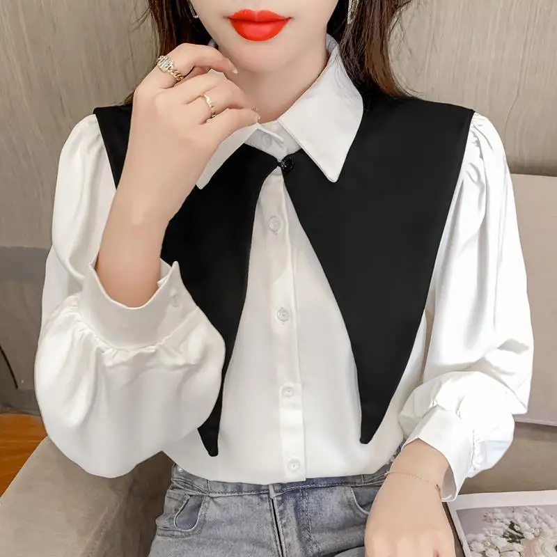 Fashion Lapel Spliced Puff Sleeve Shirt Women\'s Clothing 2023 Spring New Casual Tops Loose Office Lady Blouse