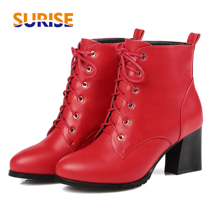 

Winter Women Ankle Boots White Black Red PU 6.5cm High Block Heels Casual Office Lady Round Toe Lace-up Short Plush Retro Boots