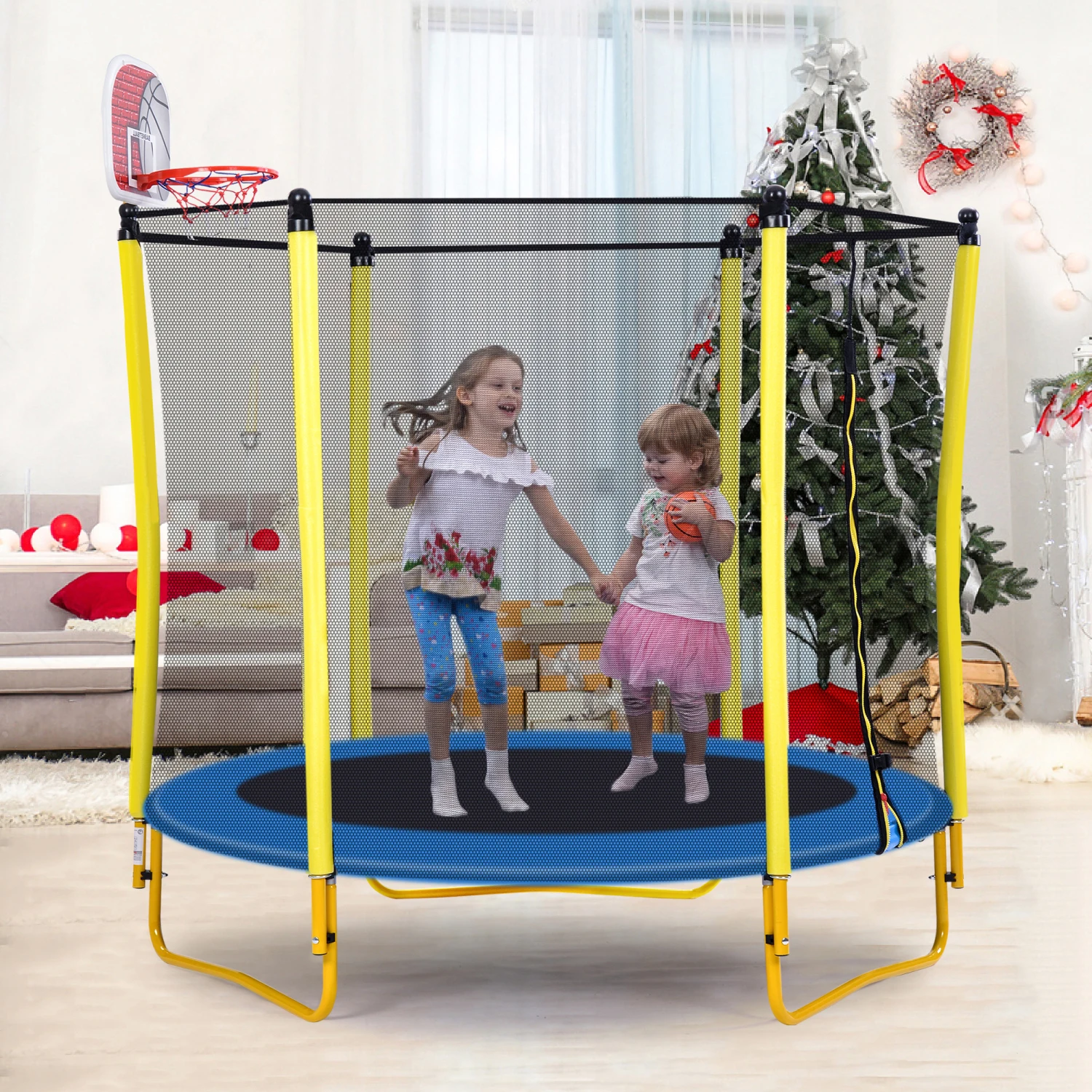 

5.5FT Trampoline for Kids - 65" Outdoor & Indoor Mini Toddler Trampoline with Enclosure, Basketball Hoop and Ball Included