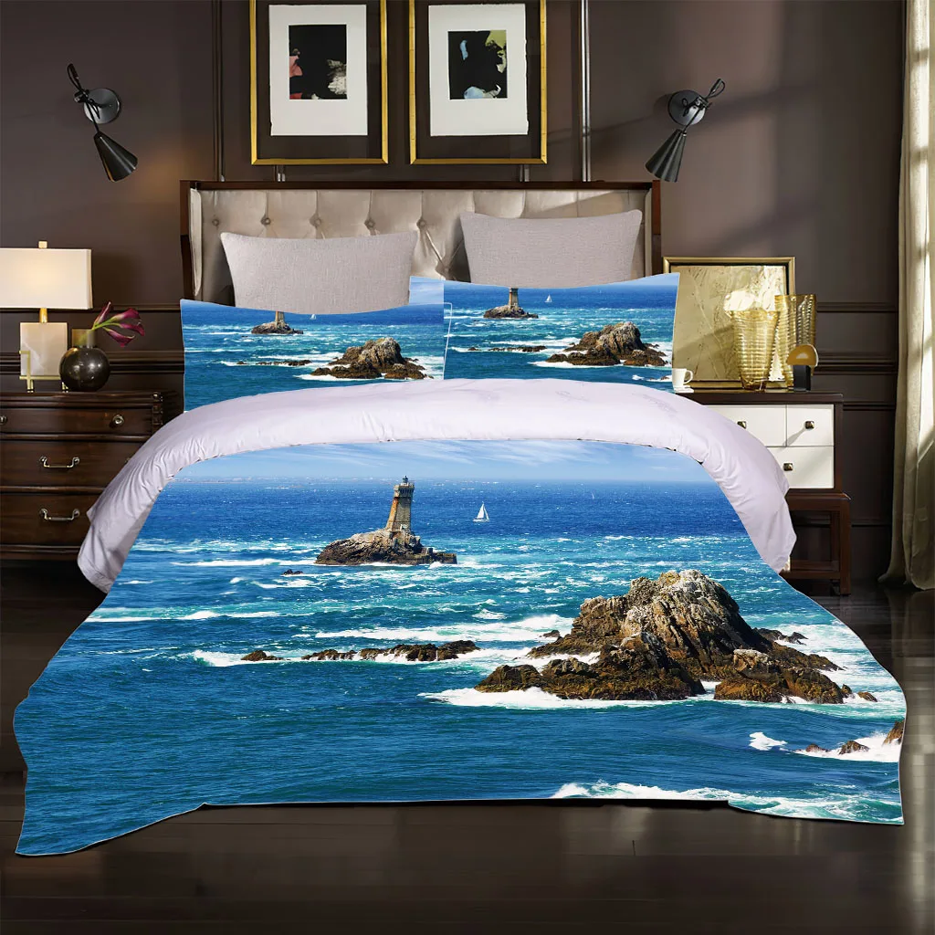 HUANZHUANG Children Duvet Cover Set Blue Waves Seascape Quilt Cover 3Pcs King Full Size Bedding Pillow Case Bedding Linen Polyes