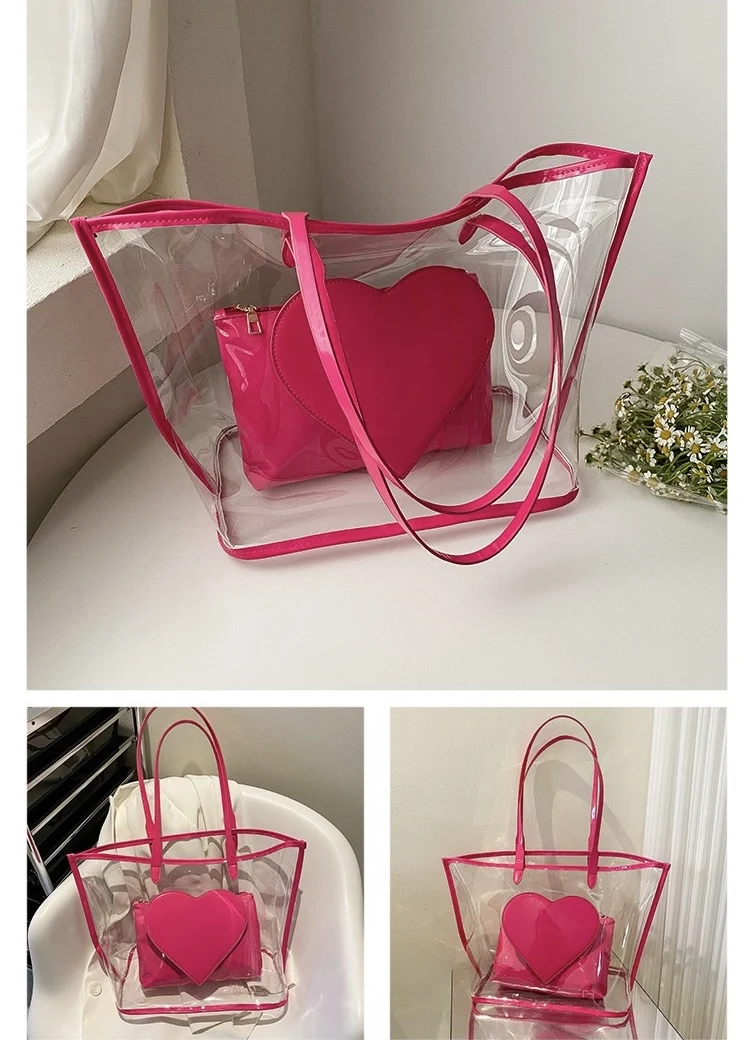2026 Summer New Transparent Jelly Shoulder Bag for Women, Large Capacity Color Block Peach Heart Handbag for College Students