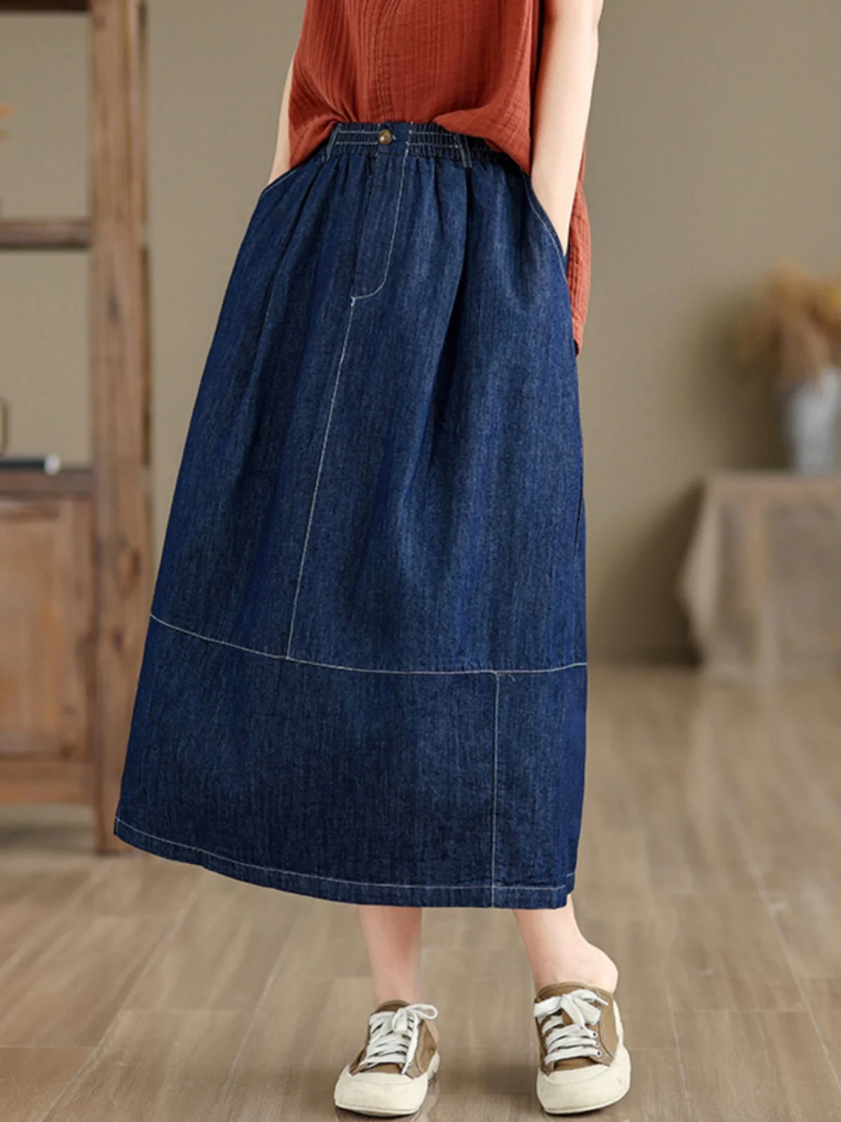 Women Summer Elastic Waisted Denim Skirt Fashion Split Versatile A-line Midi Skirt Solid Simple Blue Loose High Waist Skirt