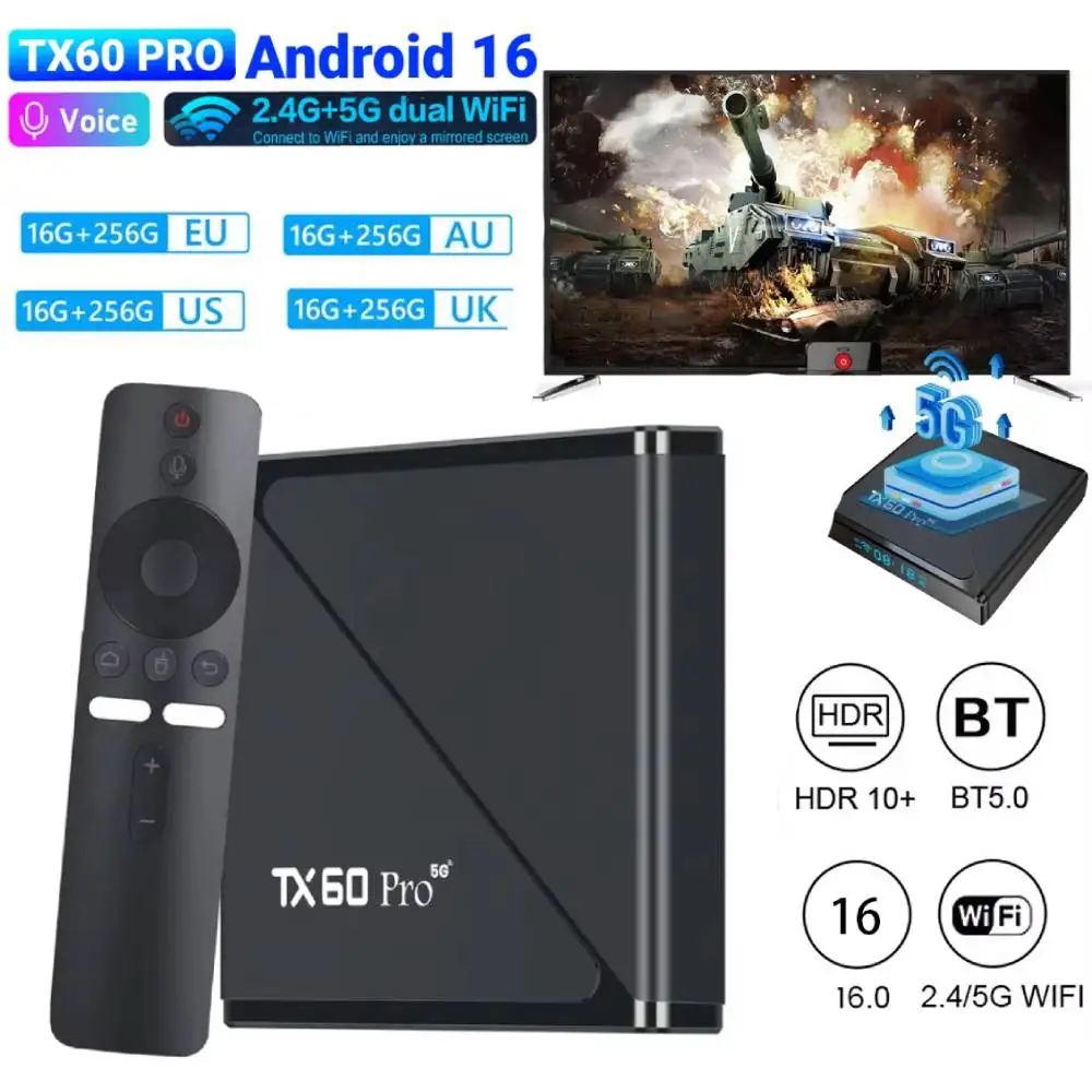 جديد Smart TV Box TX60 PRO Android 16 TV Box 14K 2.4G 5G Dual WiFi 6 فك التشفير مشغل وسائط الفيديو 16G 256G Home Set Top Box