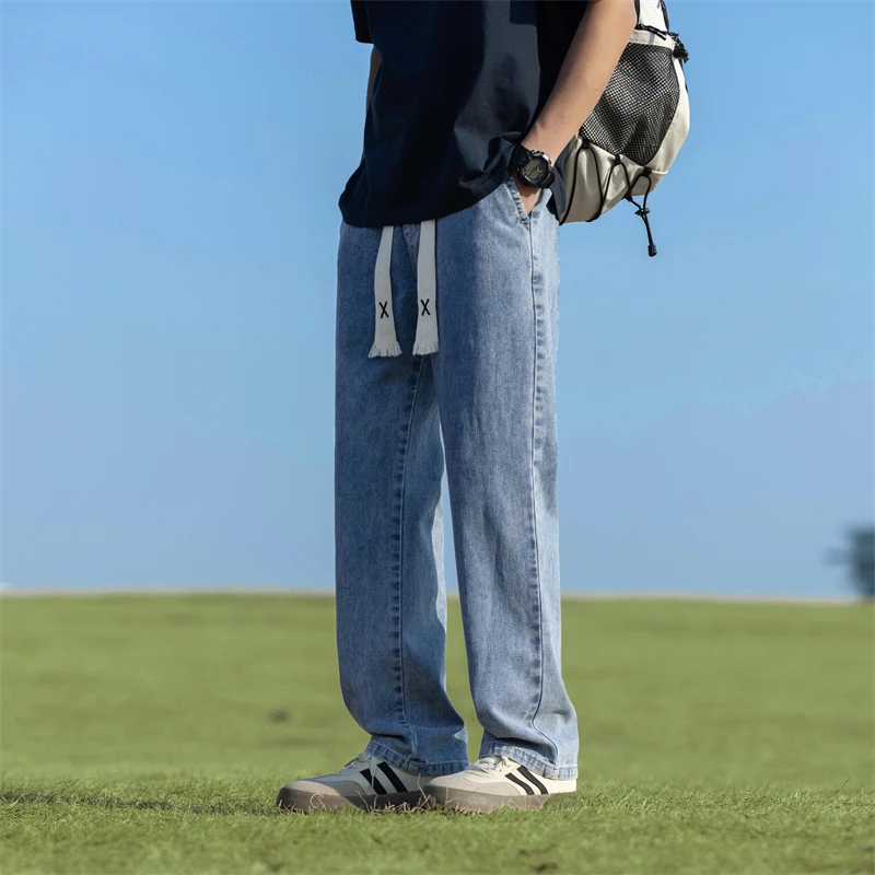 

Унисекс джинсы свободного прямого кроя 2026 Весна-Лето, простые повседневные брюки с эластичным поясом, модный бренд