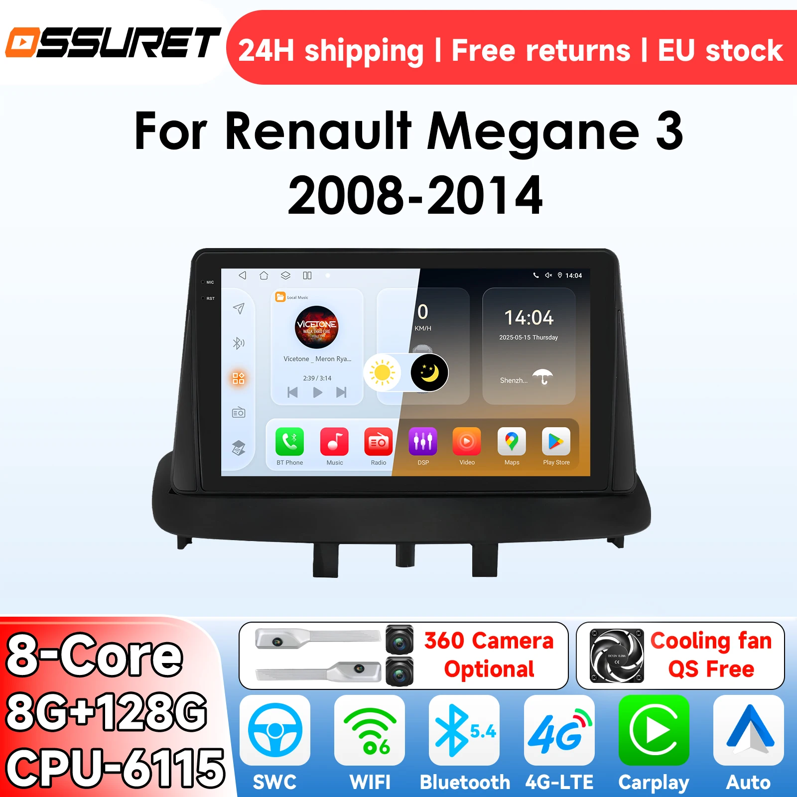 OSSURET Android 14 Autoradio per Renault Megane 3 2008-2014 Sistema Intelligente Carplay Lettore Multimediale Video GPS 4G 6115