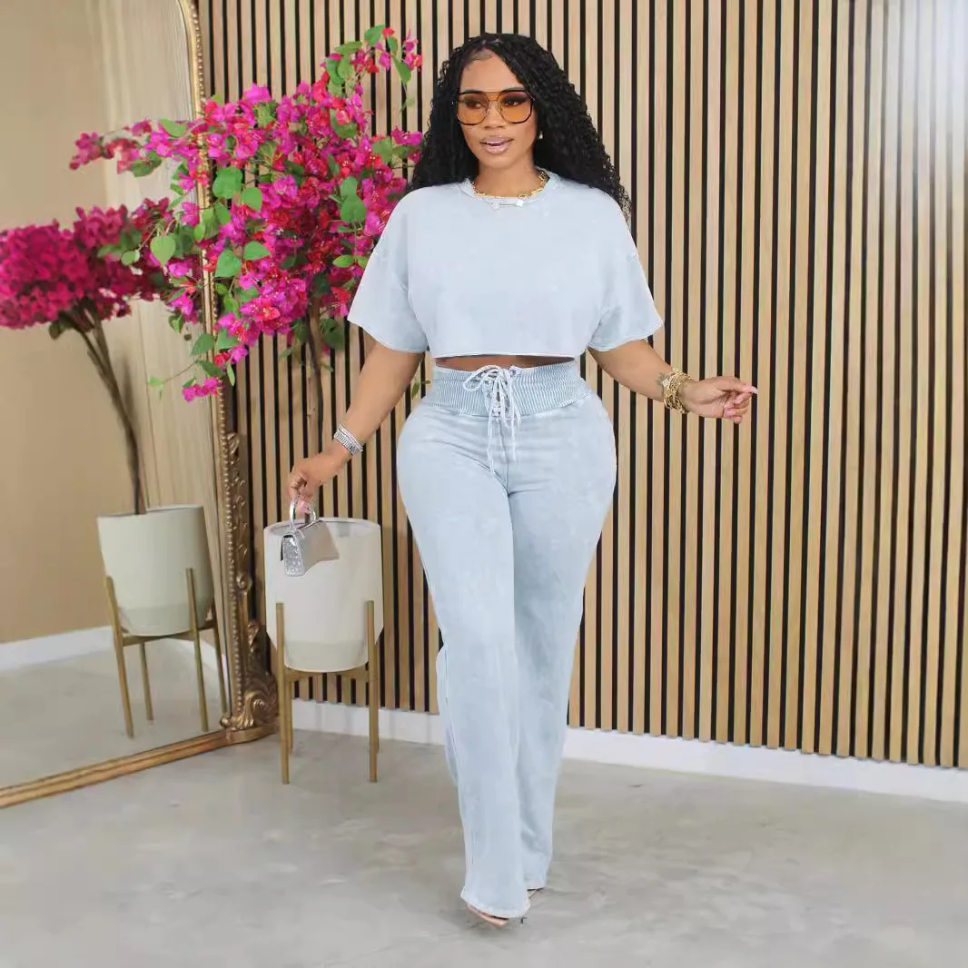 Pant Set Women Two Piece Sets Short Sleeve Round Neck Shirt Long Pants Lace Up Y2k Streetwear Work High Waist Sport Summer 2026