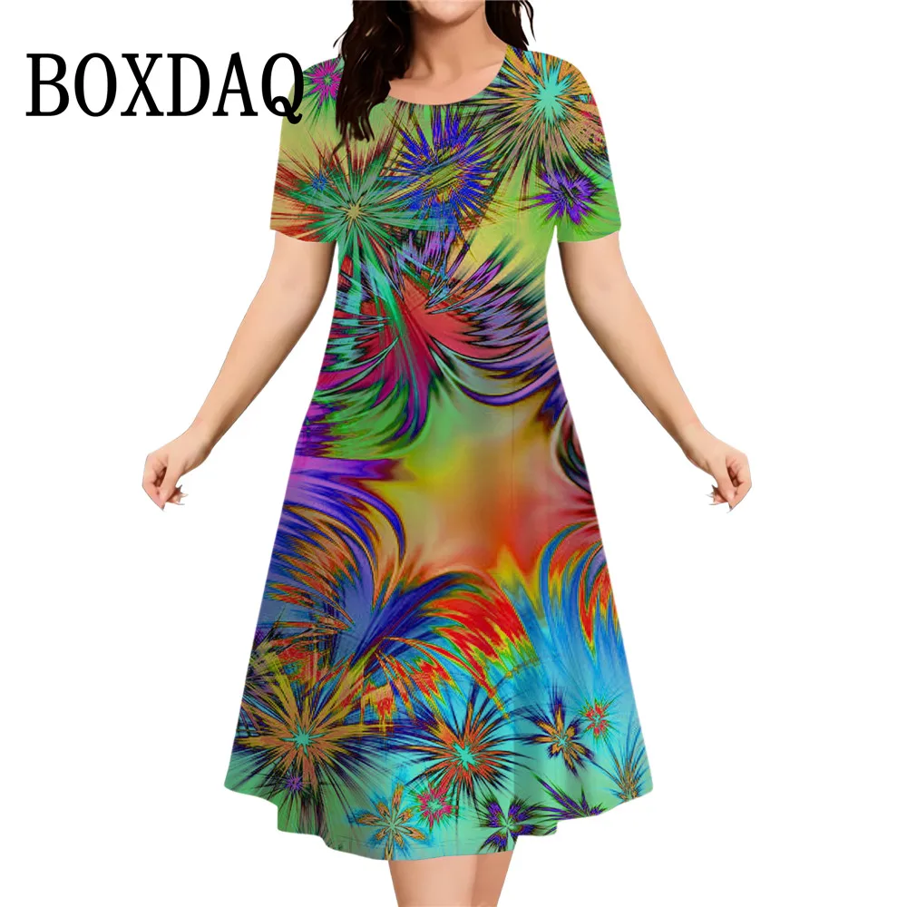 

Модные фейерверковые платья с градиентом для женщин 2025, летняя одежда больших размеров 9XL, свободное повседневное вечернее платье с короткими рукавами и 3D принтом