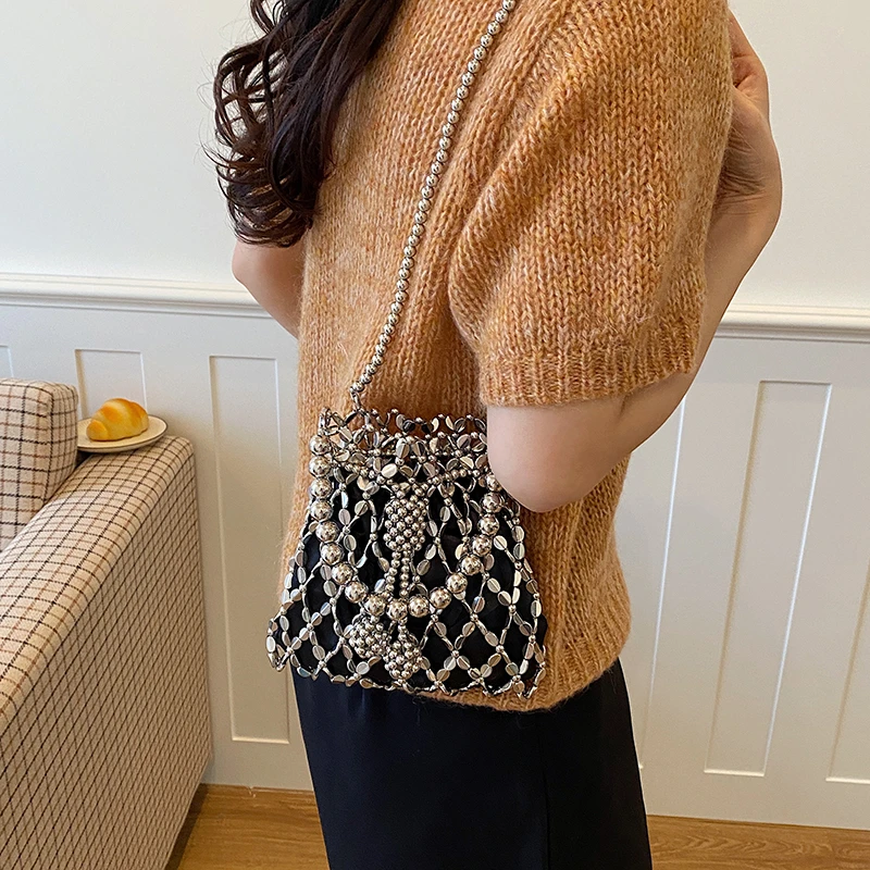 Summer Hollow Out Sparkling Silver Beaded Bucket Bags Chain Strap Mini Evening Bag Handmade Metal Mesh Women's Crossbody Purse
