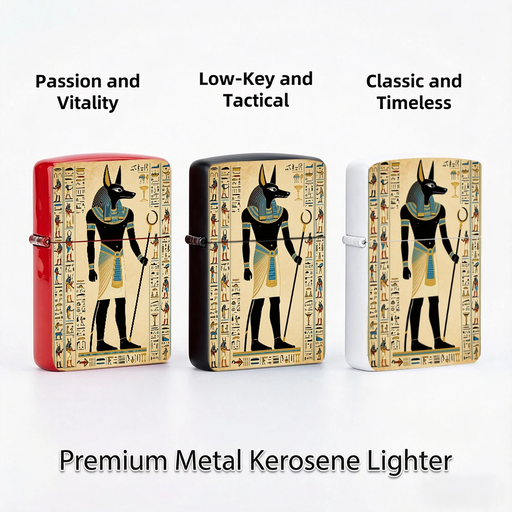 Vintage Flip Top Lighter lighters vintage Egyptian Anubis God Hieroglyph Papyrus Art Print lighters for smokers For Collectible