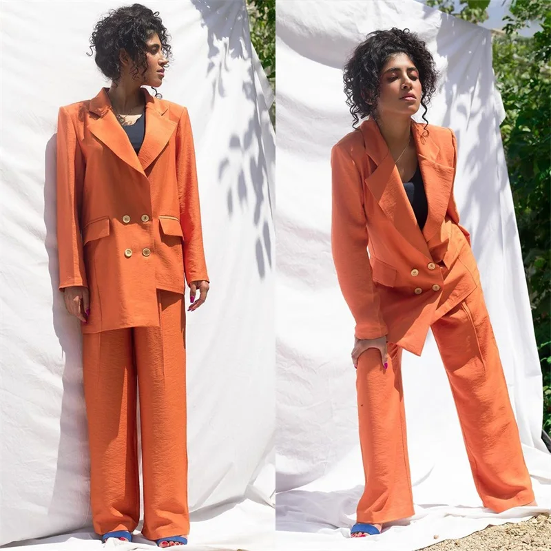 

Fashion Orange Women Suit Set 2 Pieces Custom Made Irregular Hem Blazer+Pant Designer Evening Party Prom Dress Outfits Jacket