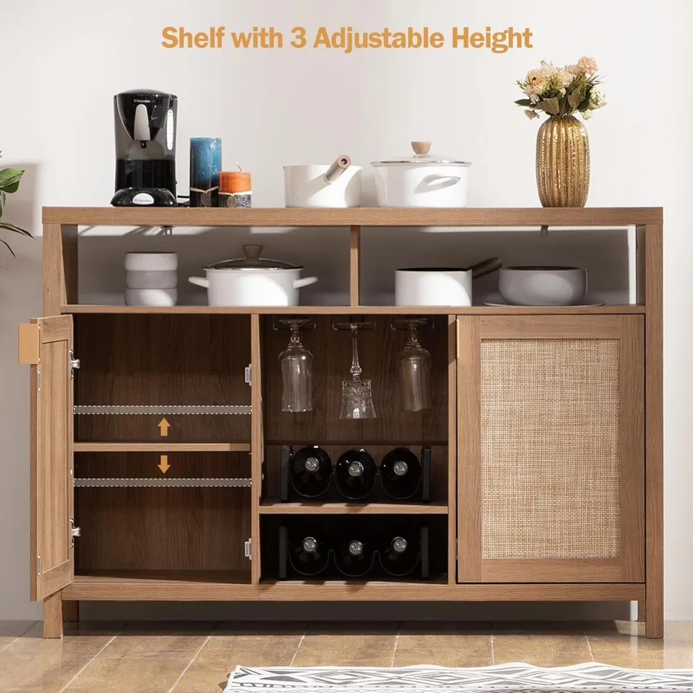 Armadietto da bar da caffè, 51 credenza in rattan con portaoggetti, armadietto per liquori Boho Farmhouse con portabottiglie