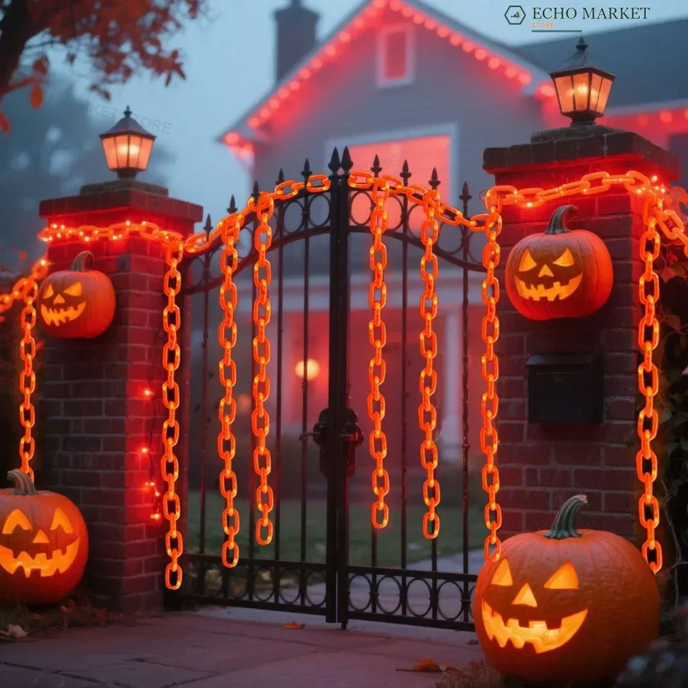 Plastikowe łańcuchy świetlne na Halloween, rekwizyty, łańcuchy z 8 trybami świecenia, lampki sznurkowe do dekoracji szkieletów, psów i innych upiornych ozdób na zewnątrz.