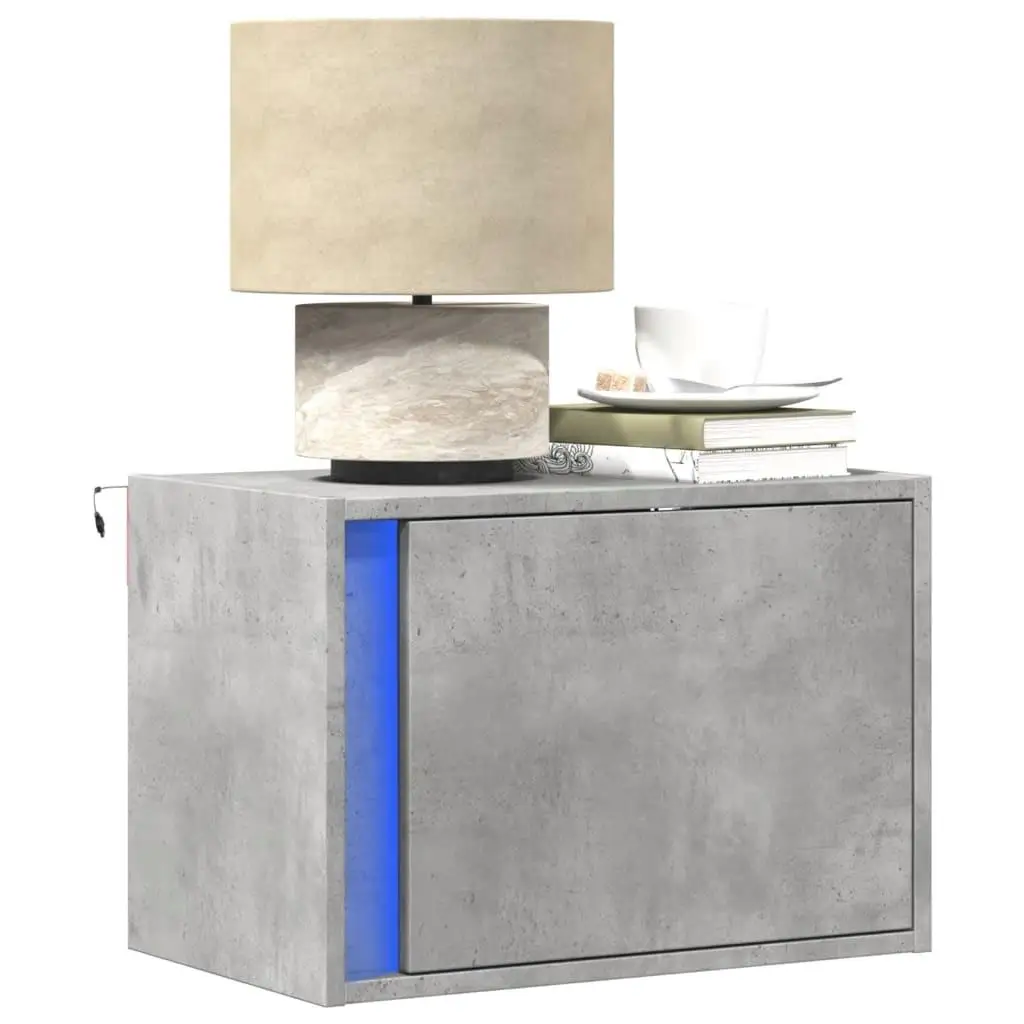 Modern Wall-Mounted Bedside Cabinet with LED Lighting - Concrete Oak Finish