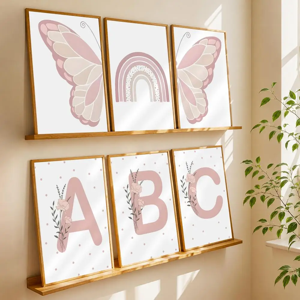 Pink Butterfly Nursery Sun Rainbow Daisy Heart Painting Calligraphy Canvas Poster Art for Bedroom Room Home Decor Wall Decals