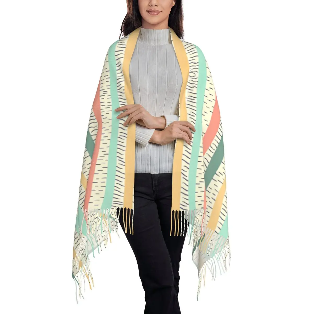 Bunte Streifen Nahtlose Schal Wrap Frauen Lange Winter Warme Quaste Schal Unisex Schals