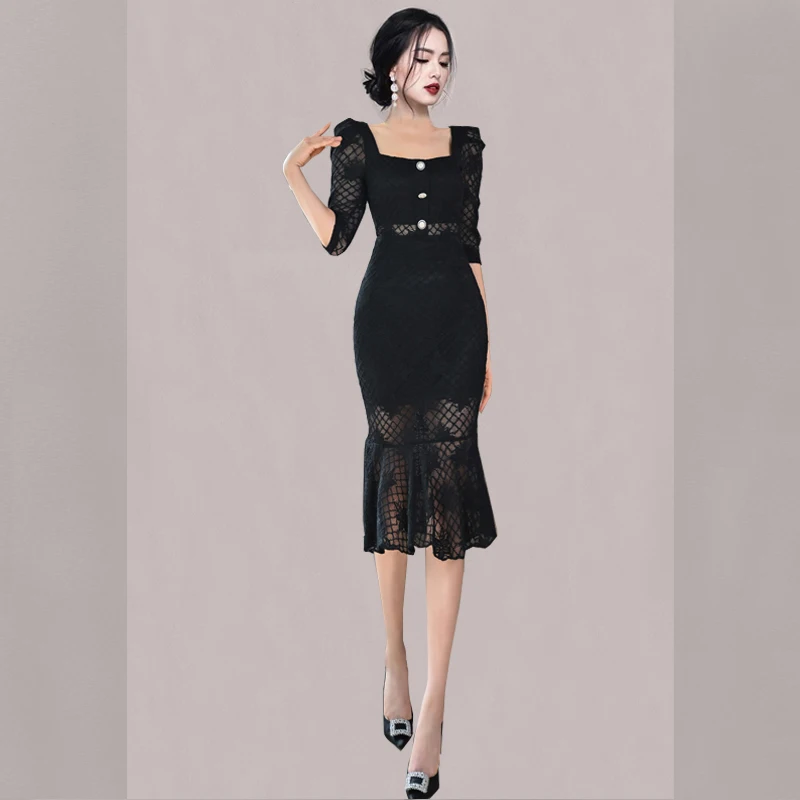 New Fashion Square Neck Women Vintage Lace Dress Women's Spring Three-Quarter Sleeve Female Elegant Fishtail Mid-Length Dress