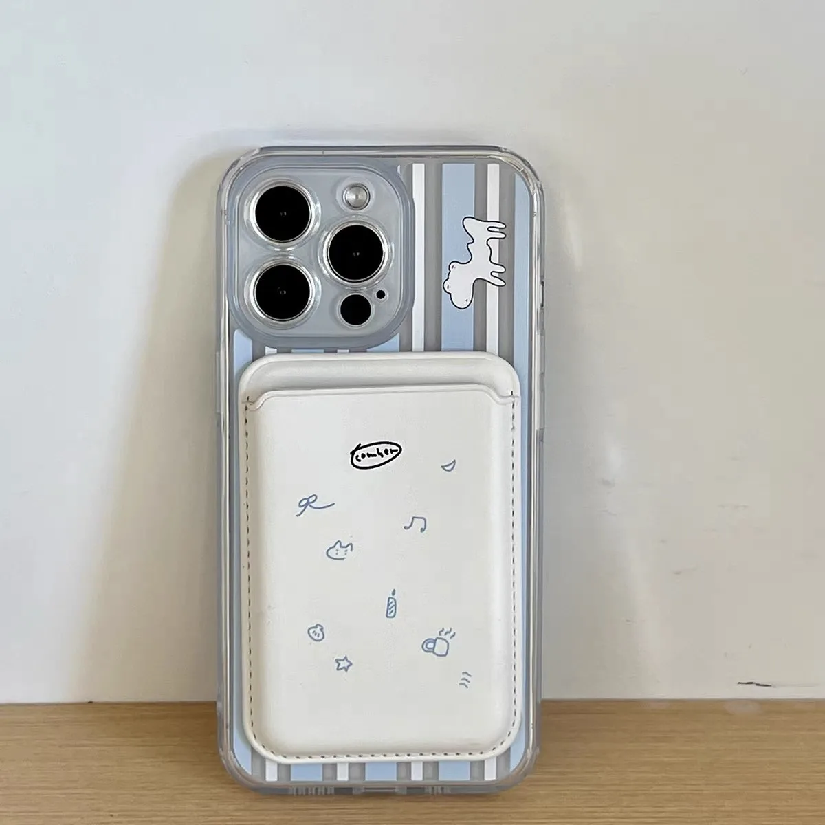 Ins Blue White Striped Puppy for Magsafe Card Holder for iPhone XIAOMI Samsung Phone Case Leather ID Subway Card Holder Slot Y2k