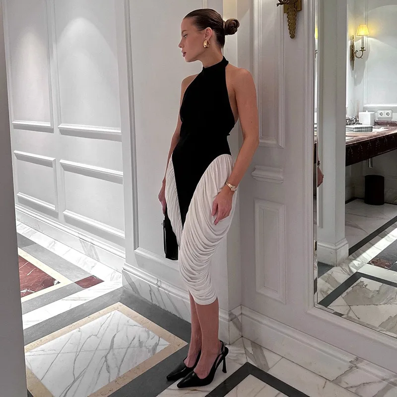 Chic Contrast Color Folds Party Evening Dresses Women Elegant Halter Backless Sleeveless Bodycon Midi Dress 2026 Cocktail Robes