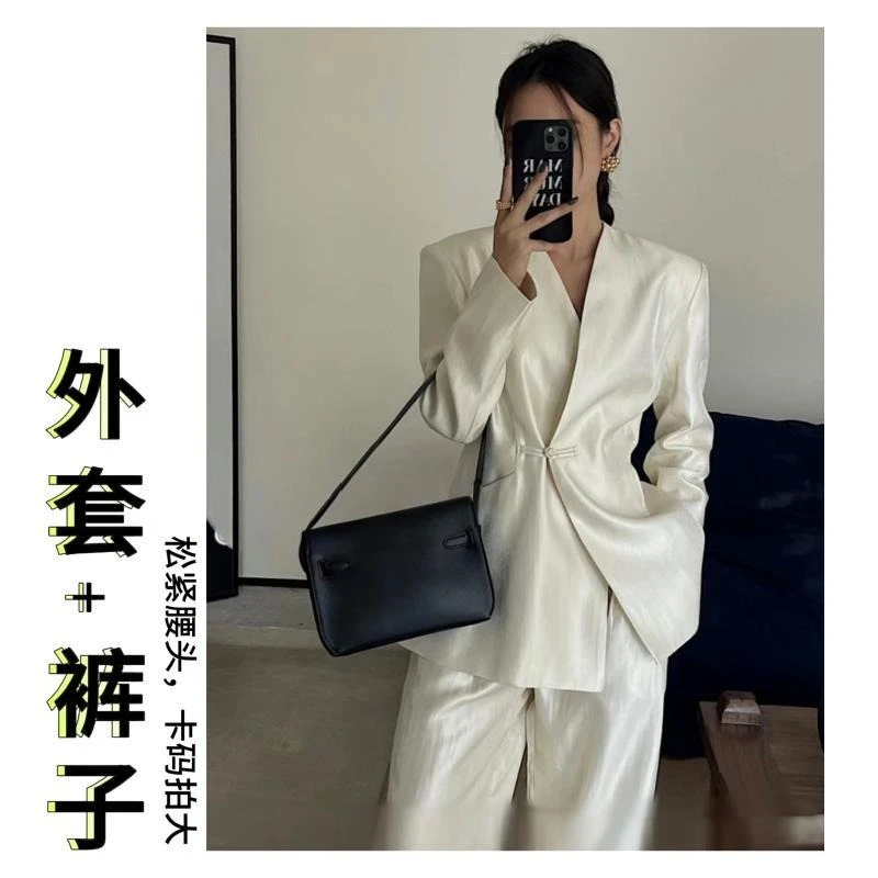 

Two-piece Set/new Chinese Style V-neck Elegant Lady Style Suit Jacket High Waist Wide Leg Pants Suit