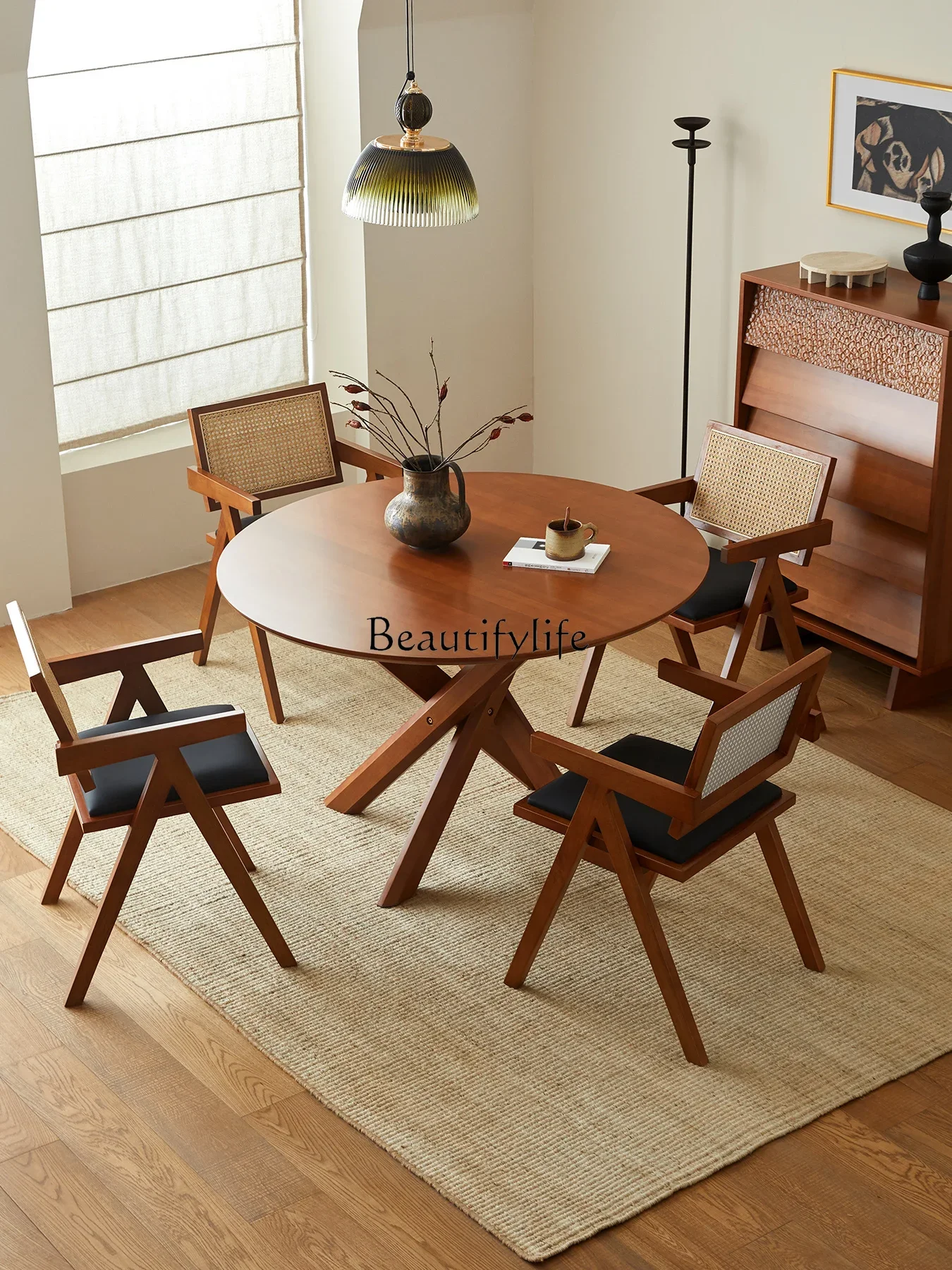 

Solid Wood round Table Small Apartment Home Retro round Negotiation French Wooden Table