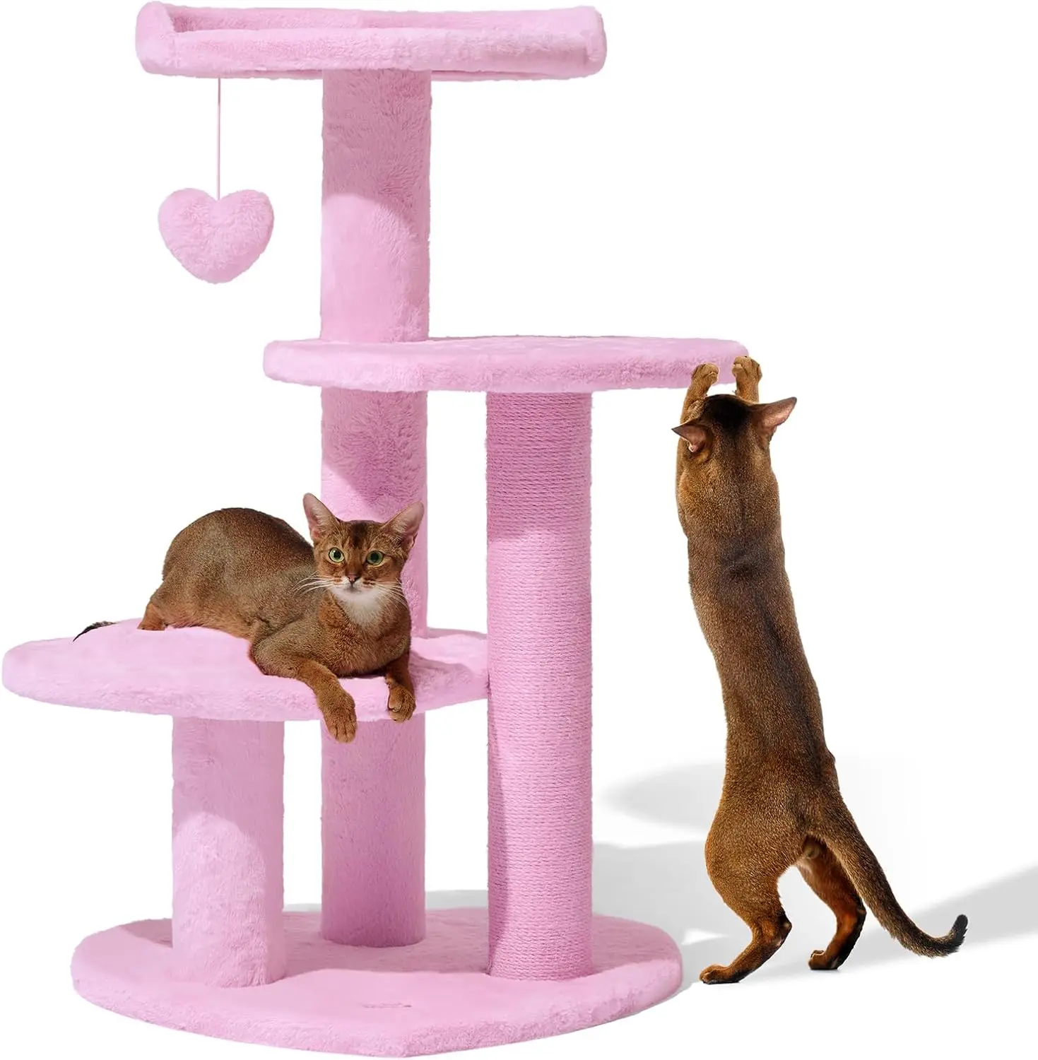 Indoor Use, Wood and Sisal Material, Pink Color, 40-Inch Multi Level Cat Tower with Scratching Post and Dangling Toy