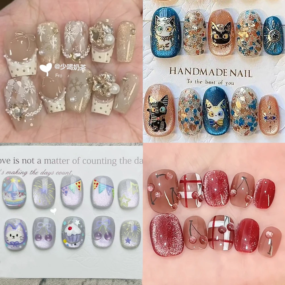 

New 10Pcs Colorful Cat Eye Kawaii Handmade Press On Nails Full Cover Hand-Painted Cat Lace Bowknot Pearl Wearable False Nail Art