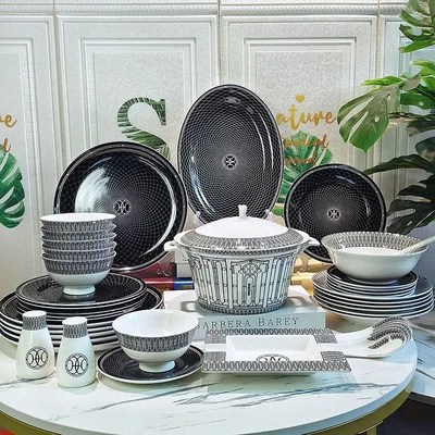 

Black line cookware tableware set, bowl porcelain tableware set, simple cup set, western ceramic bone china