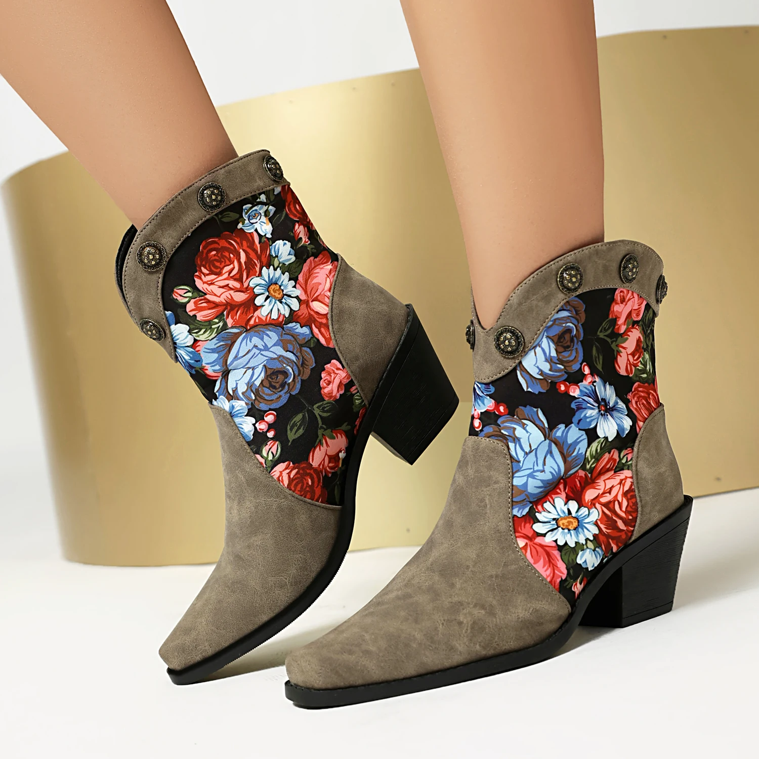 

2024 New Cowboy Western Boots Women's Rivets Ankle Boots Chunky Heels Shoes Retro Patchwork Print Floral PU Footwear