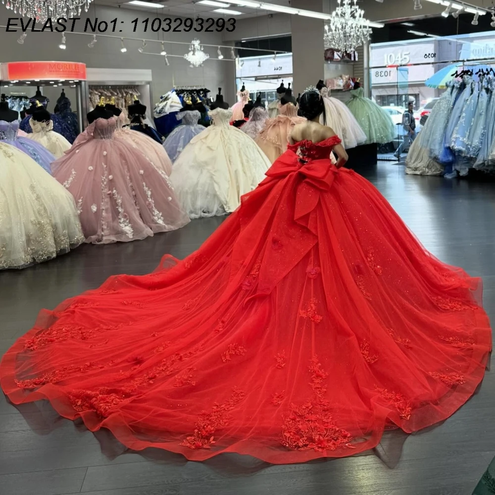ชุดราตรีงาน Quinceanera สีแดงประดับกลิตเตอร์แบบสั่งทำพิเศษจาก EVLAST รุ่น F3D ประดับดอกไม้ปักเลื่อม โบว์หวานๆ สำหรับงานฉลองอายุ 16 ปี หรือ 15 ปี รุ่น E1QN108