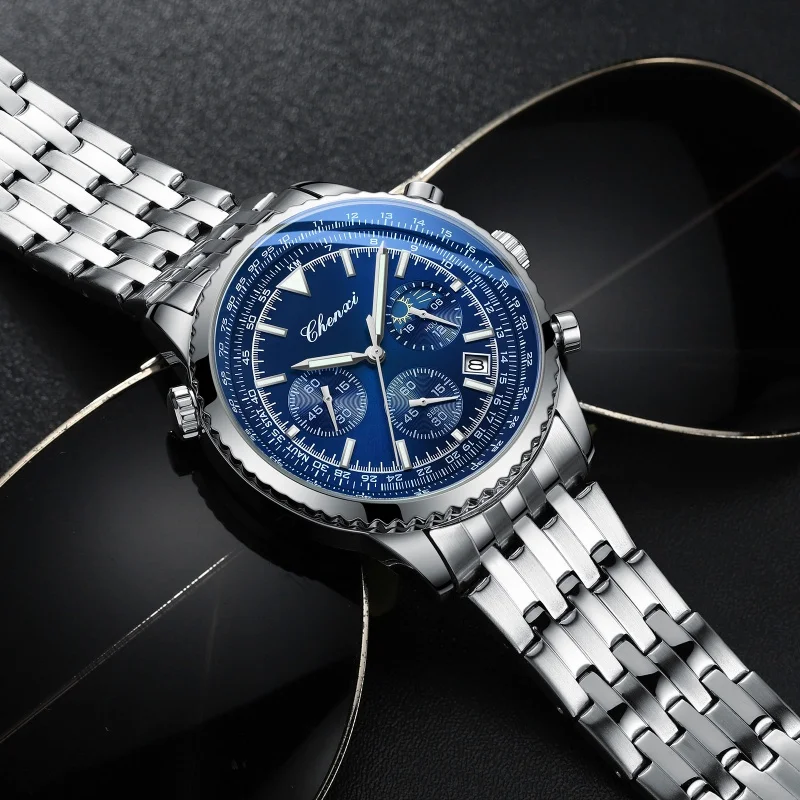 CHENXI 928 Jam Tangan Kuarsa Olahraga Pria Jam Tangan Chronograph Kalender Fase Bulan Multifungsi Jam Tangan Modis Kedap Air Bercahaya untuk Pria