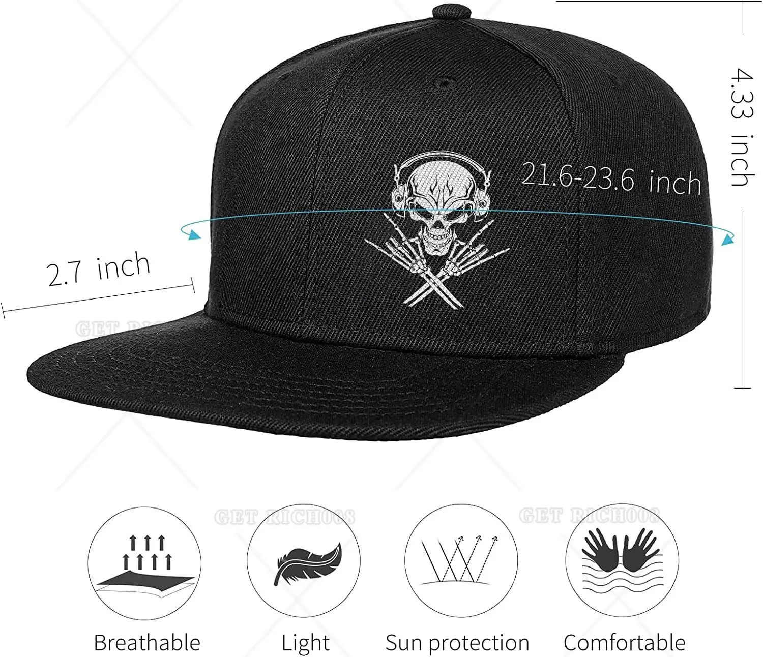 Rock Skull Snapback cappelli per uomo donna Flat Bill Brim berretto da Baseball di dimensioni regolabili Cool Black Hats Outdoor Trucker Hat Dad Caps