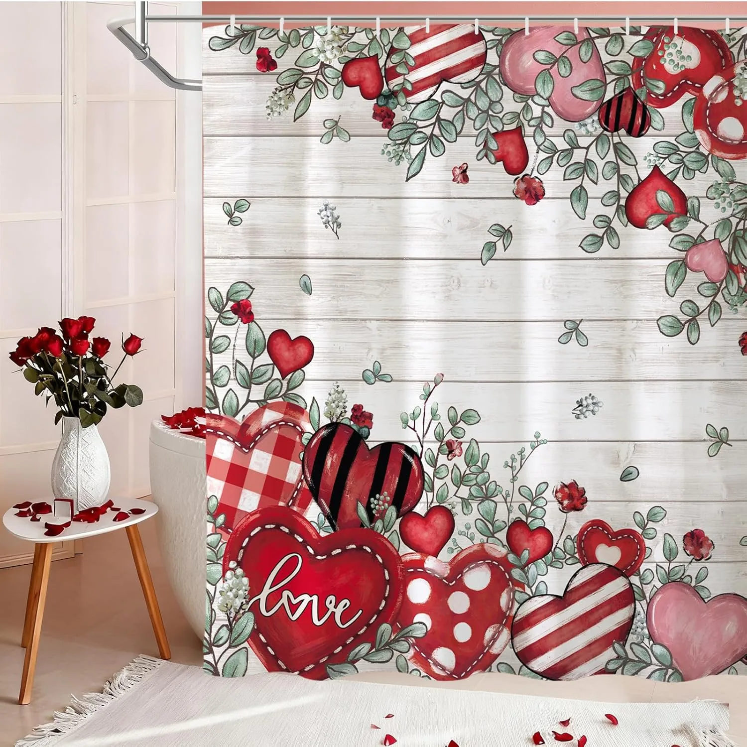 Rustic Love Heart Pattern Shower Curtain Machine Washable All Season Waterproof Privacy Protection Farmhouse Design Romantic