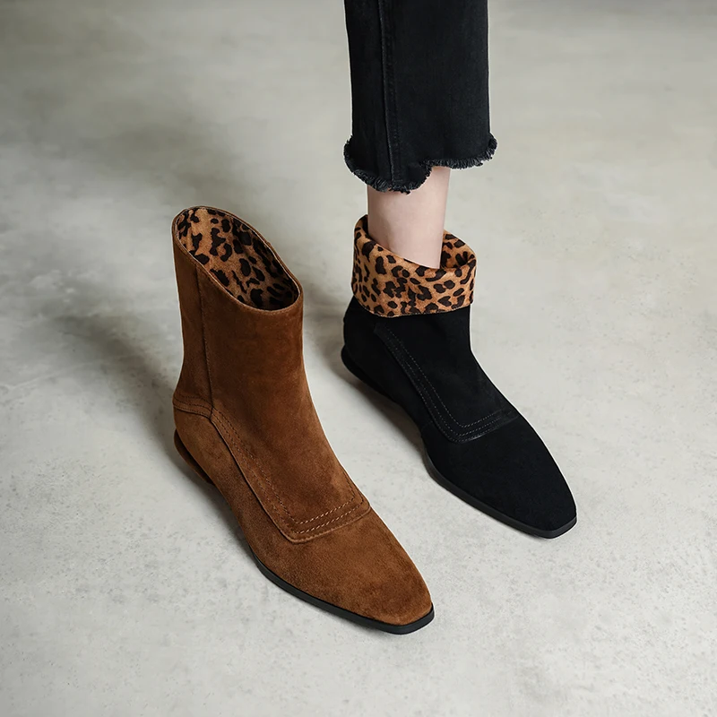 

Genuine Leather Retro Leopard Women Ankle Boots Low Block Heels Fashion Winter Woman Boots,Knight Boots,Fashion Western Booties