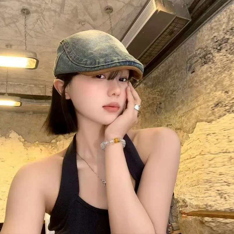 Retro Washed Denim Beret - Casual Turnback Cap for Big Heads, Face-Slimming Japanese Vintage Style, Everyday Versatile Hat