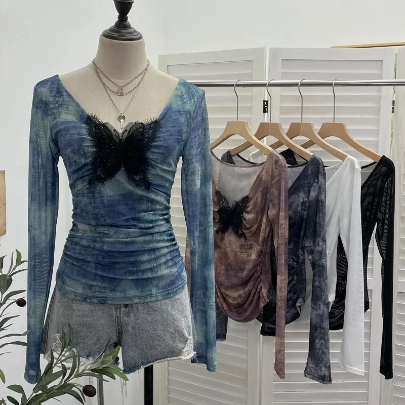 Y2k Aesthetic Vintage Butterfly Gauze T-shirt 2025 Streetwear Tie-dye Fairy Tshirts Women Harajuku Grunge Slim Fit Pleated Tops