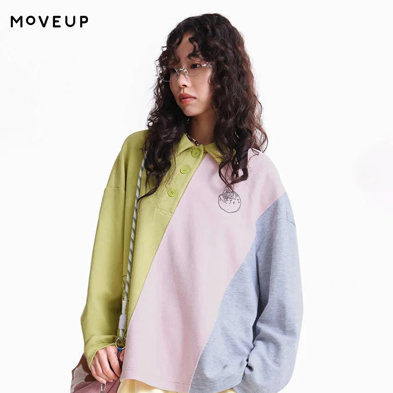 MOVEUP Turn Down Collar Sweatshirt 2026 Spring New Hand Painted Embroidered 3 Color Patchwork Long-Sleeved Women Top 3ELC11411