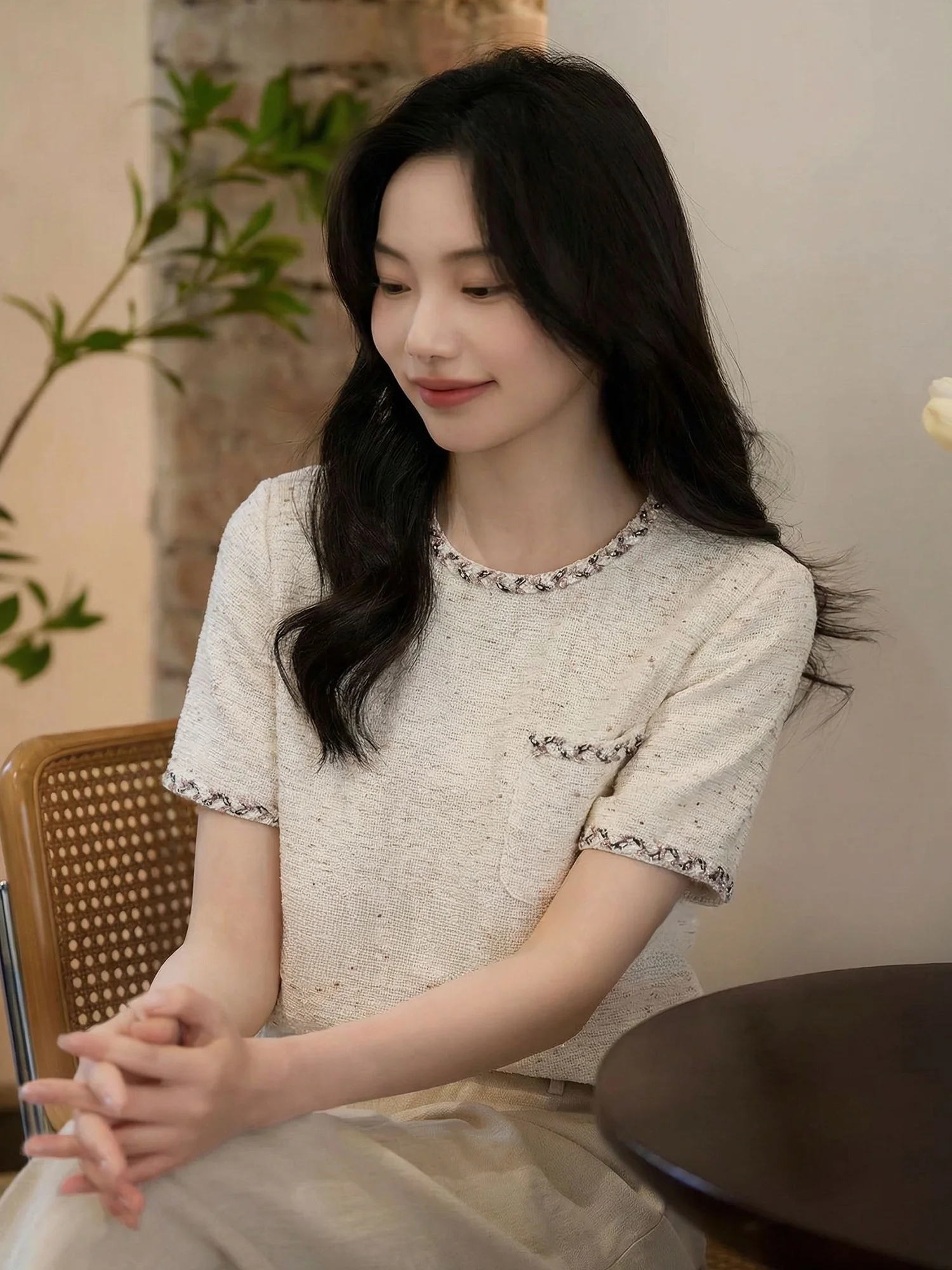 

Elegant round Neck Short Sleeve Knitted Sweater Women's Loose Fit Summer Casual Versatile Color Easy Wear Polyester Fiber