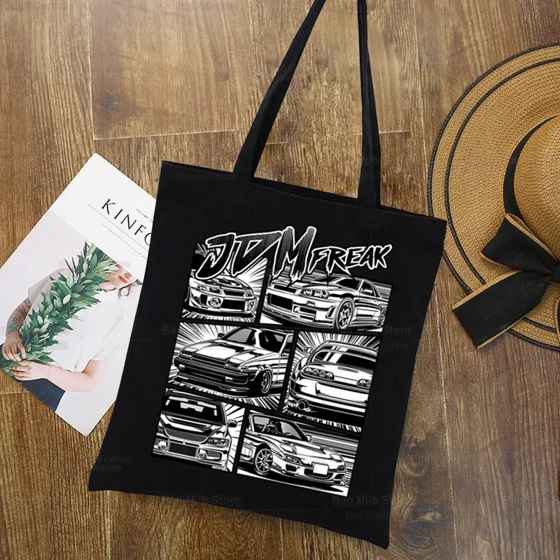 AE86 Japan Anime Black Graphic Printed Canvas Shoulder Bag Female Initial D Racing Drift Car JDM Harajuku Funny Eco Shopper Bag