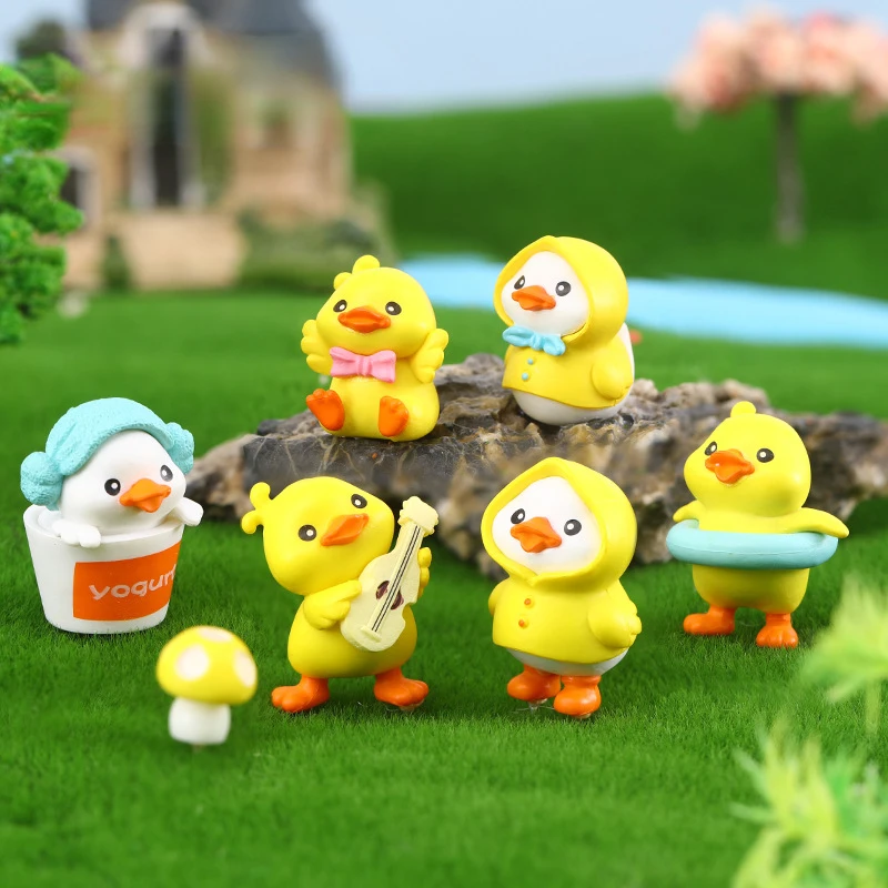 6pcs Umbrella Raincoat Cartoon Duck Mini Ducks Miniature Figurine Ornaments Yellow Ducklings Fairy Garden Terrarium Decoration