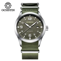 Automatic Mechanical Men Watch Military Style with Auto Date Luminous Hands Tactical Slip-thru Nylon Strap Old School Wristwatch